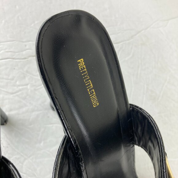 Pretty Little Thing Sz 8 Black Square Toe Slip On Heel Sandals Gold Chain Detail - Picture 5 of 9